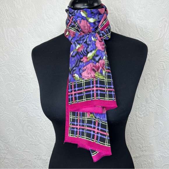 Oscar de la Renta Accessory Street Vintage Silk Oblong Scarf Floral Plaid - Picture 2 of 10
